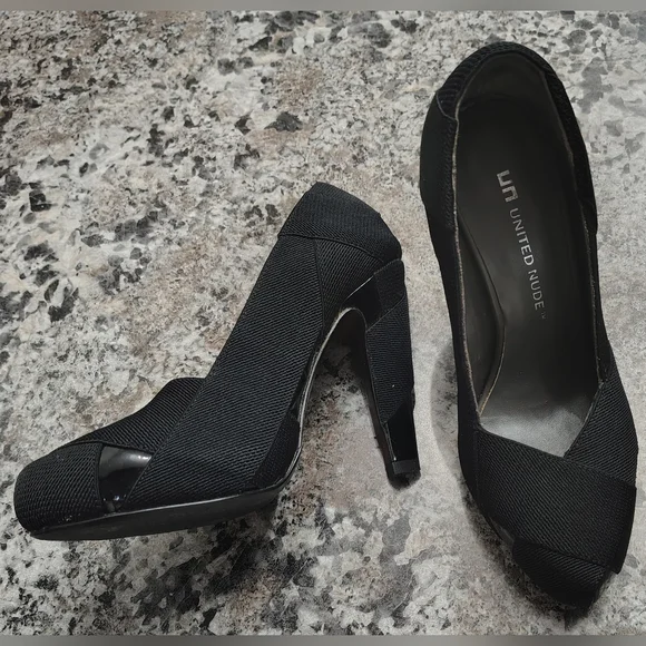 UNITED NUDE Black Leather & Cloth 4" Heel Pump Shoes Sz 5.5/6 - Picture 2 of 9